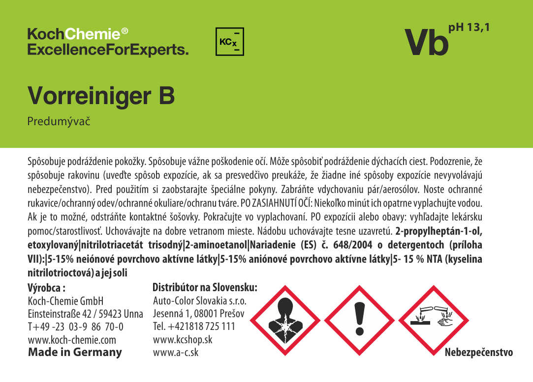 Koch Chemie produktová etiketa - Vorreiniger B -Predumývač