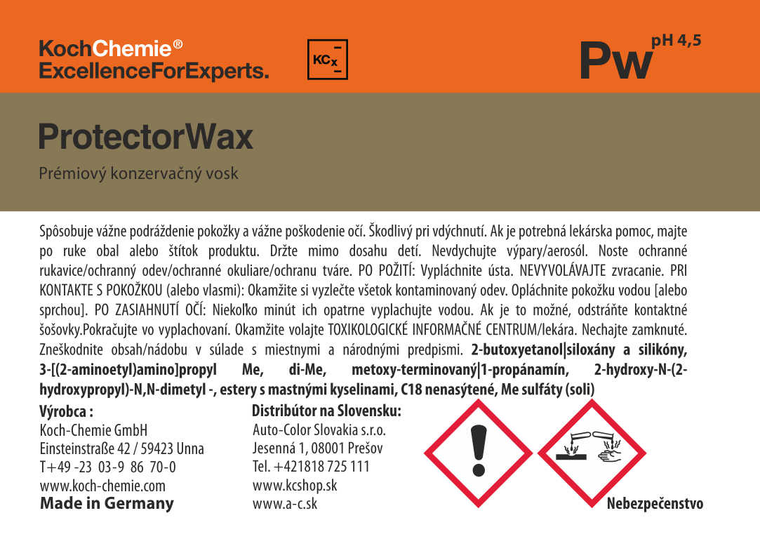 Koch Chemie produktová etiketa - ProtectorWax - Premiový konzervačný vosk