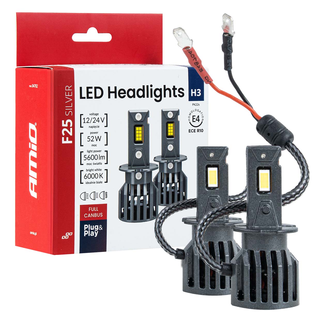 LED žiarovky hlavného svietenia Séria F25 SILVER FULL CANBUS H3 52W 12V 24V AMIO-04702