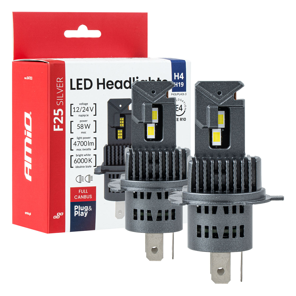 LED žiarovky hlavného svietenia Séria F25 SILVER FULL CANBUS H4/H19 54/58W 12V 24V AMIO-04703