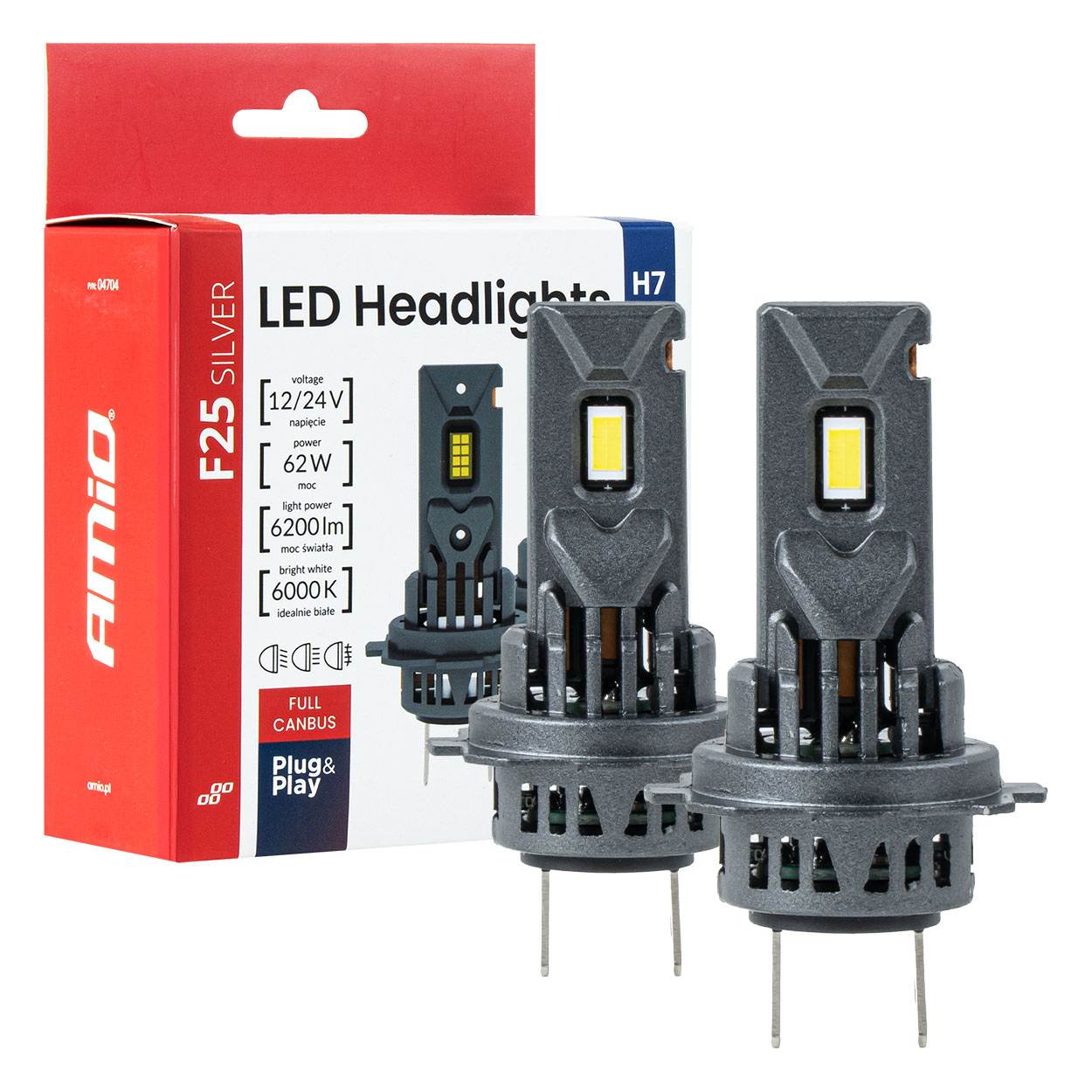 LED žiarovky hlavného svietenia Séria F25 SILVER FULL CANBUS H7/H18 62W 12V 24V AMIO-04704